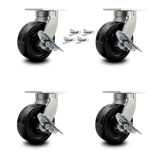 8 Inch Heavy Duty Phenolic Wheel Caster Set with Brakes and Swivel Locks, 4PK